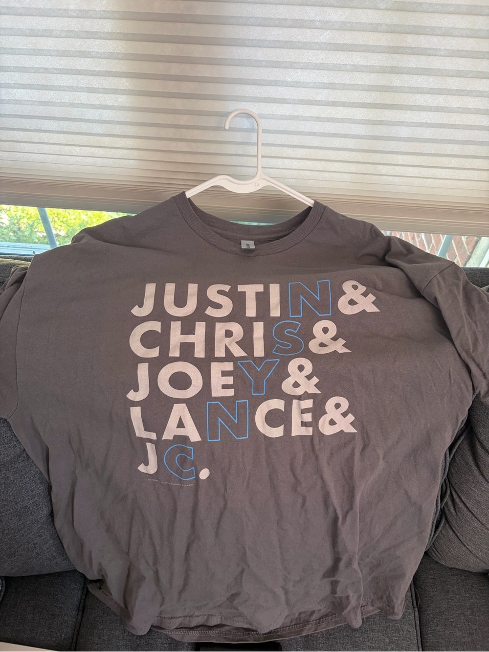 Gray Band Tee with White & Blue Block Text NSYNC